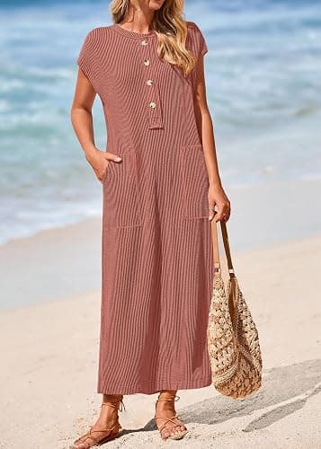 KIRUNDO Womens Summer Dresses 2026 Spring Ribbed Knit Henley Short Sleeve Maxi Dress Button Up Loose Beach Vacation Sundress thumbnail 5