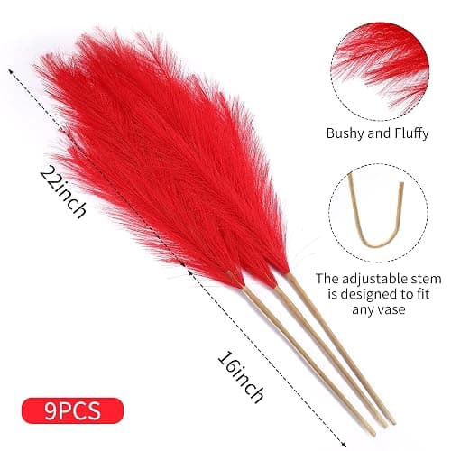 Wertuirk 9 Stems Red Pampas Grass - 38 Inch Tall Fluffy Faux Pampas Grass Decor, Long Artificial Pompas Floral for Living Room, Wedding Centerpieces and Home Decor (Red) - Red thumbnail 2