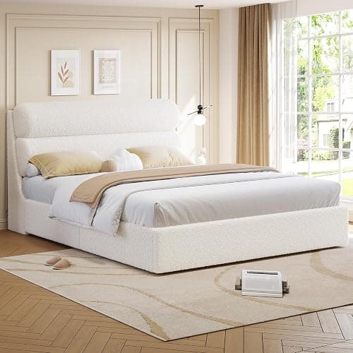 DICTAC California King Boucle Bed Frame with Headboard, Upholstered Platform Bed with Wood Slats, Soft Cloud Bed with Solid Wood Legs, No Box Spring Required, Easy Assembly, Cream thumbnail 6