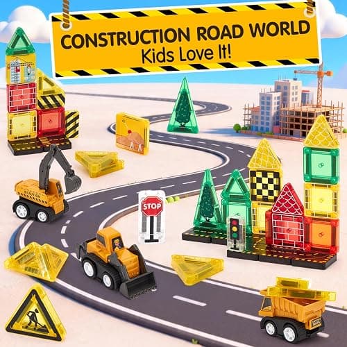 hahaland Mini Magnetic Tiles Travel Construction Toys with Engineering Cars | Magnetic Building Blocks with Vehicles Trucks, Case 2-in-1 Road-Themed Box, Montessori Gifts for 3-6 Year Old Toddler thumbnail 3