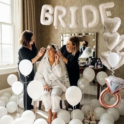 Cream White Bridal Shower party decorations with huge 40 Inch BRIDE letter Pearl Balloons BRIDE to be Sash Bridal Veil and Diamond Ring Heart shape Balloons For Bachelorette party Wedding supplies thumbnail 7