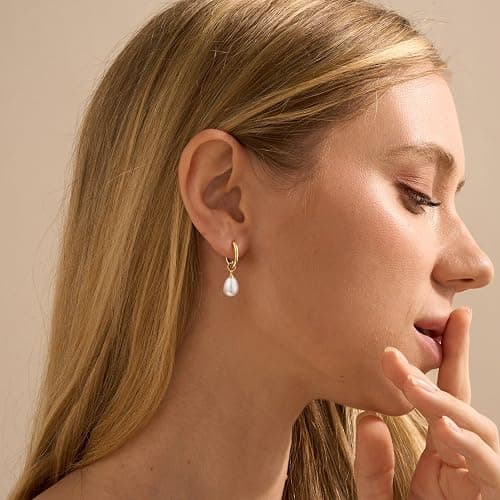 Robaice 14K Gold Plated Pearl Dangle Earrings for Women, Small Pearl Drop Huggie Hoop Earrings, Hypoallergenic Dainty Gold Wedding Earrings Jewelry Gifts for Women Trendy thumbnail 2