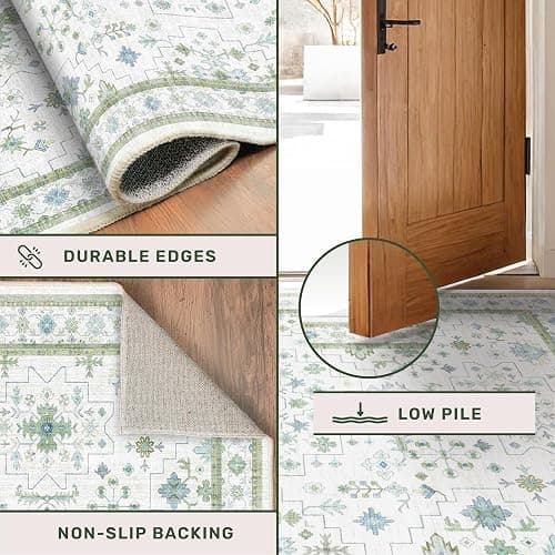 Hazo Haus Washable Oushak Bathroom Runner Rug 2x5 - Eclectic Boho Floral Pastel, Non Slip Low Pile Stain Resistant Small Throw Rug for Bedroom, Laundry Room, Powder Room, Cream Green thumbnail 5
