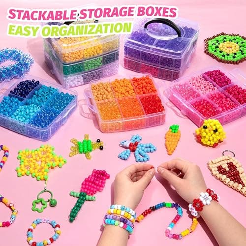 Simetufy 10000PCS Pony Beads Bulk, 48 Colors Kandi Bracelet Making Kit | 6x9mm Rainbow Hair Braiding Key Chains Kids DIY Jewelry Crafts Gifts (5.73LB, 8 Tier Stackable Organizer with 2 Handles） thumbnail 5