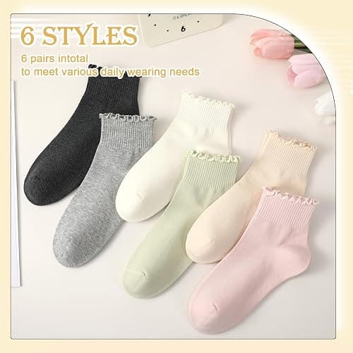 scenicamp 6 Pairs Ankle Ruffle Socks Cute Frilly Comfort Breathable Cotton Socks thumbnail 6