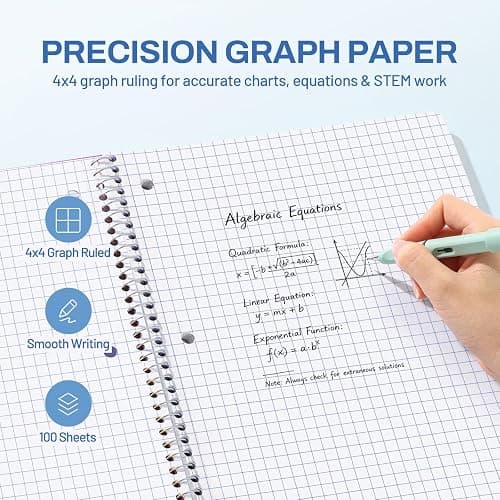 SUNEE Spiral Notebook, 1-Subject, Graph Ruled Paper, 8" x 10-1/2", 100 Sheets per Notebook, 3-Hole Punched Paper, Water Resistant Cover, Spiral Grid Notebooks for Work, Home, School, Grey Blue thumbnail 5