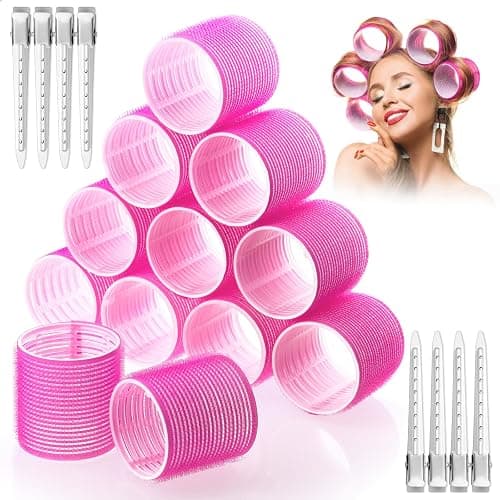Jumbo Hair Curlers Rollers, 12Pcs 60mm Jumbo Hair Roller Curlers Self Grip Holding Rollers with 12Pcs Hair Clips for Long Straight Thick Hair (Rose Red) - Image 1