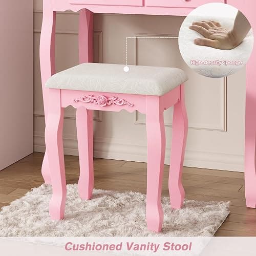Alohappy Vanity Desk Set with Mirror & Stool for Girls, Makeup Vanity Table and Cushioned Stool Set with 4 Drawers, Wood Dressing Table for Bedroom (Pink) thumbnail 7