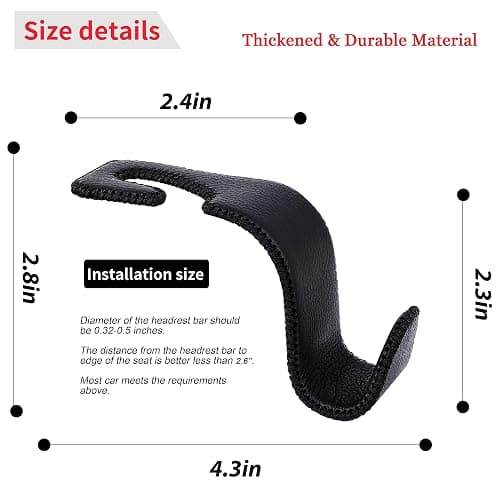 Amooca Car Seat Headrest Hook Universal Vehicle Storage Hanger Leather with Metal Car Seat Back Organizer for Handbag Purse Coat Black 2 Pack thumbnail 6