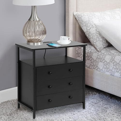 Edbuosy 3 Wooden Drawers Night Stand, 27 Inch Wide Nightstand with Charging Station and Adjustable Drawers, Small Dresser for Closet, Bedside Table for Living Room/Bedroom/Office thumbnail 2