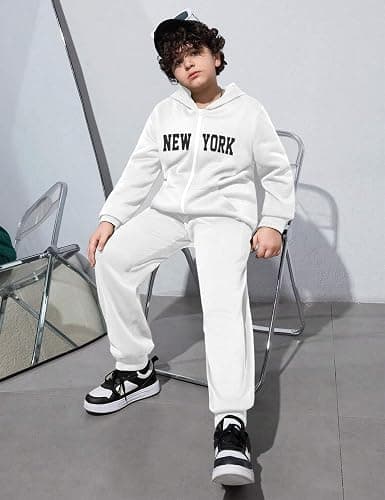 KANGKANG Unisex Boys Girls Clothes Letter Full Zip Fleece Hooded Sweatshirt Jogging Sweatpants Sweatsuit Kids Fashion Outfits thumbnail 3