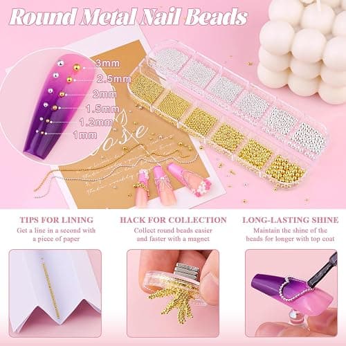 1-3MM Small Nail Beads Metal Caviar Bead Silver Gold Nail Charms and Gems | Luxurious Mini Nail Chains Ball Gold Beads for Nails Accessories Supplies Gold Rhinestones for Women Manicure thumbnail 2