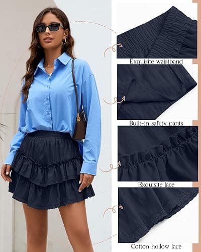 Ficerd Women's Ruffle Flowy Short Skirt Tiered Lace Cotton Mini Skorts High Waist Pleated Boho Cute Summer Shorts - Navy Blue - Small thumbnail 5