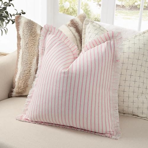 ZWJD Throw Pillow Covers 24x24 Set of 2 Striped Pillow Covers with Fringe Chic Cotton Decorative Pillows Square Cushion Covers for Sofa Couch Bed Living Room Farmhouse Decor, (Pink) thumbnail 2