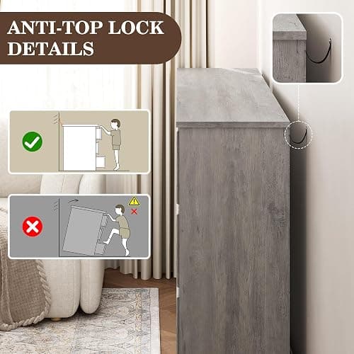 HolliWill Grey 10 Drawer Dresser, 59" Large Dresser for Bedroom, Wood Chests of Drawers with Textured Borders, TV Stand for 70 inch TV, Rustic Storage Dressers Organizer for Bedroom, Hallway thumbnail 7