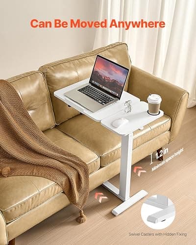 VEVOR Overbed Table, Mobile Bed Side Table with Flip Desktop and 4 Hidden Wheels, Height & Angle Adjustable Rolling Laptop Desk with Cup Holder, Portable Over Bed Desk for Home, Office, Study, White thumbnail 6
