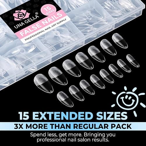 UNA GELLA Gel Nail Tips Almond Shape Medium Pre-etched 450PCS 15 Sizes | Full Cover Soft Gel Almond Press On Nail Tips, Easy DIY Salon Clear Fake False Nail Extensions Long-Lasting Hold thumbnail 6