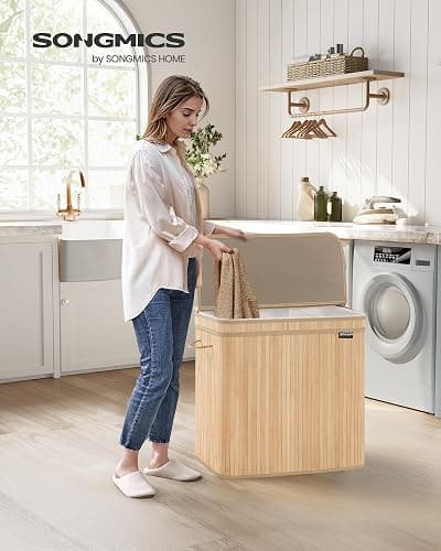 SONGMICS Laundry Hamper with Lid, Bamboo Laundry Basket, Removable Machine Washable Hamper Basket, with Handles, 150 L, for Laundry Room, Bedroom, Washroom, Natural Beige LCB062N01 thumbnail 2