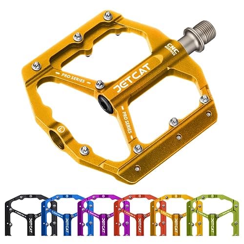 JETCAT Mountain Bike Pedals Flat - MTB Pedals Flat, Bicycle Pedals, Road Bike Pedals, BMX Pedals, for BMX MTN Road Gravel EBike, Specialized Parts, Adults, Aluminum Metal Stamp 9/16" - gold