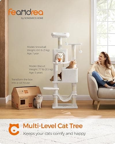 Feandrea Cat Tree, 59.5-Inch Tall Cat Tower, Plush Multi-Level Condo with 5 Scratching Posts, 2 Perches, 2 Caves, Hammock, 2 Pompoms, Cream White UPCT192T01 thumbnail 2