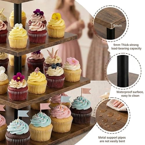 Wooden 2 Pack 4 Tier Cupcake Stand for 50 Cupcakes,Cupcake Holder,Cupcake Tower,Tiered Tray Stand for Birthday Bar Décor Weddings,Parties Events, Dark Brown thumbnail 6