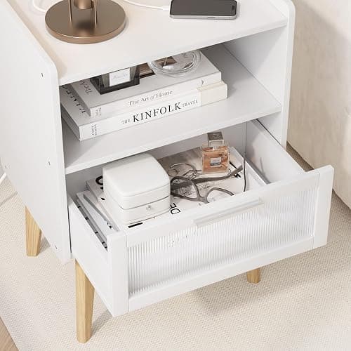 Nightstand with Charging Station, Bedside Tables with Glass Decorative Door, End Table Side Table with 2 Tiers Storage Space, for Bedroom, Living Room, White CAMLBZ07WE thumbnail 7
