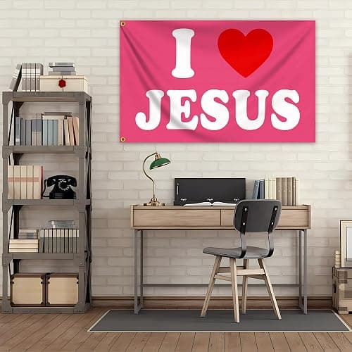 KNAPAL I Love Jesus Flag Pink 3x5 Ft Christian Jesus American Flag Durable Polyester I Heart Jesus Flags for House Yard Indoor College Dorm Room Bedroom Wall Jesus Loves You Outdoor Flag Banner Decor thumbnail 2
