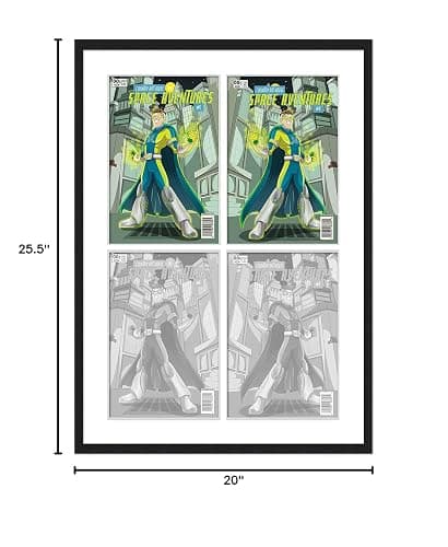 Comic Book Frame Black Matted | For Comics Published Between 1956 and 1970 (Silver Age Comic Solid Wood Frame) | Made to Showcase 4 Comics Under UV Acrylic with Acid Free White Matting | Grid Style thumbnail 2