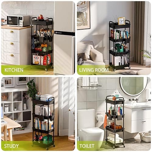 Sorgion 4 Tier Rolling Cart Organizer,Art Craft Diaper Bedside Snack Laundry Room Bathroom Organizer Narrow Thin Slim Rolling Trolley Utility Cart with Wheels for Kitchen,Office(Black) thumbnail 6