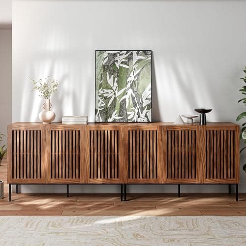 BVIUNTWO Farmhouse TV Stand for TVs up to 100 inch, 2 in 1 Entertainment Center TV Console with Storage Cabinets and Metal Base,Brown Media Console for Living Room thumbnail 5