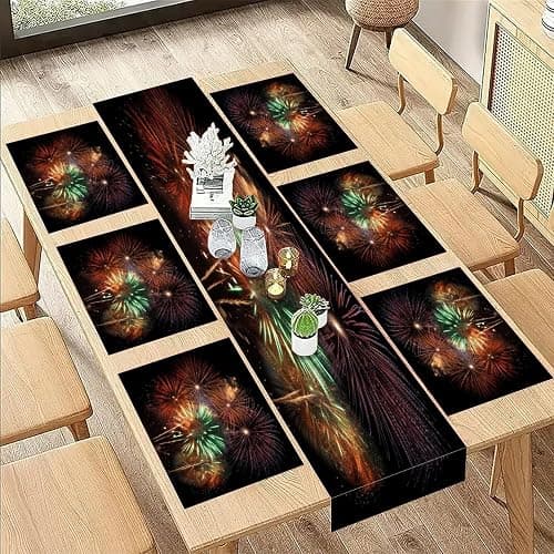 Splendid Fireworks Table Runner and Placemats of 6 Washable Heat Resistant Place Mats with Table Runner Vintage Holiday Table Mat Set for Holiday Party Kitchen Dining Deco thumbnail 6