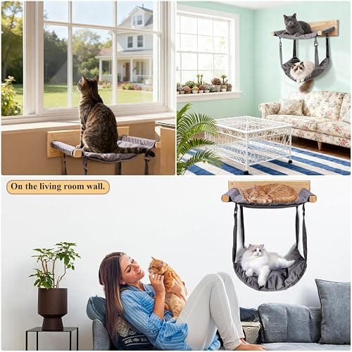 JSPYFITS Wooden Cat Wall Hammock, 18.9 x 12.6 Inch Double Layer Cat Furniture Hammock, Large Removable Multi-Function Cats Bed for Sleep/Play/Climb/Lounge Easy DIY Installation(Grey) thumbnail 5