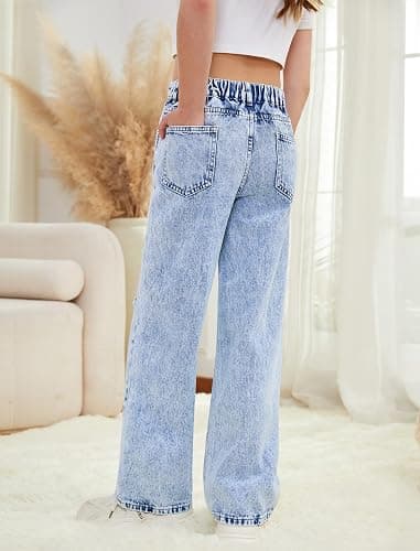 Feuoive Girls Baggy Jeans Wide Straight Leg Elastic High Waisted Denim Pants Fashion Y2k Boyfriend Skater Streetwear 7-14Y thumbnail 5