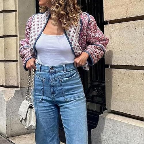 Duyang Women's Cropped Puffer Jacket Lightweight Floral Printed Open Front Quilted Coat Winter Warm Outwear thumbnail 5