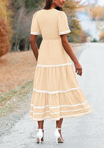 PRETTYGARDEN Women's Casual Summer Maxi Dress Short Sleeve Swiss Dot V Neck Smocked Long Flowy Beach Dresses thumbnail 2