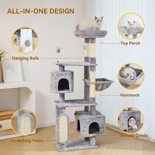 Hoopet 70-Inch Large Cat Tree for Multiple Cats Cat Tower with 2 Condos, Scratching Posts, Hammock & Platform, Plush Perch for Indoor Activity Relaxing Easy Assembly Grey thumbnail 3