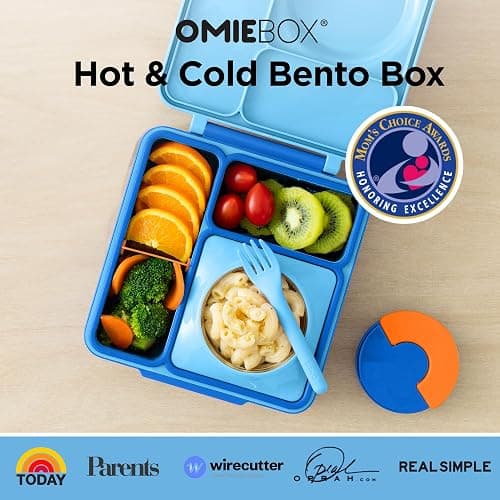 OmieBox Bento Box for Kids - Insulated Bento Lunch Box with Leak Proof Vacuum Insulated Food Jar - 3 Compartments, Two Temperature Zones (Blue Sky) thumbnail 4