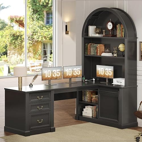 SEDETA 67" L Shaped Desk with Tall Arched Bookshelf & 3 Drawers Storage | Black Mid-Century Office Computer Desk with Hutch Shelves, Corner Executive Desk with Sliding Barn Door for Home Office thumbnail 9