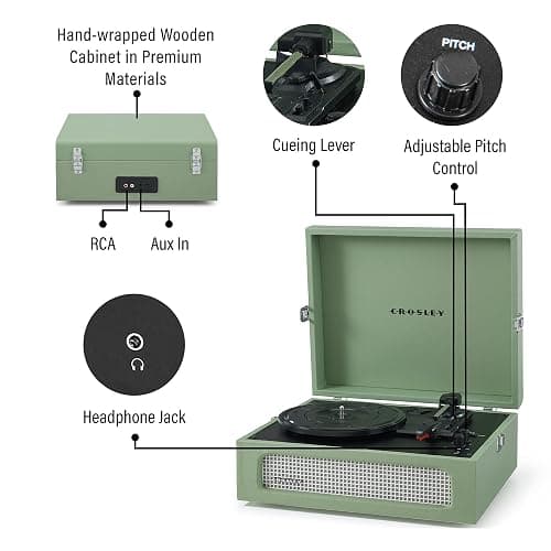Crosley CR8017B-SA Voyager Vintage Portable Vinyl Record Player Turntable with Bluetooth in/Out and Built-in Speakers, Sage - Bluetooth In/Out - Sage thumbnail 3