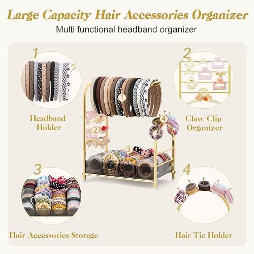 Keebofly Acrylic Hair Accessories Organizer, Versatile Headband Holder Stand for Scrunchies, Bows, Claw Clips, Hair Tie, Compact Hair Organizer Storage for Girls, Women, Babies, Amber & Gold-Plated thumbnail 5