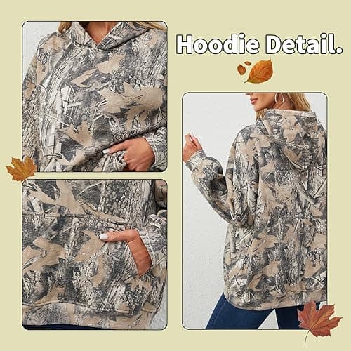 Eutten Womens Camo Hoodies Maple Leaf Print Oversized Hooded Sweatshirt Fleece Pullover Sweatshirts Long Sleeve with Pocket - Small - Dark Green thumbnail 6