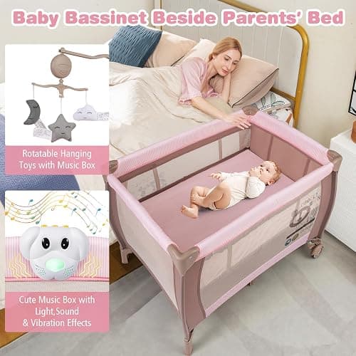 COSTWAY 3 in 1 Portable Travel Cot, Folding Baby Bassinet and Activity Playpen with Changing Table, Mattress, Music Box, Hanging Toys, Wheels and Carry Bag, Baby Crib Bed for Boys Girls (Pink) thumbnail 3