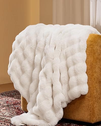 blunique Ultra Soft Cozy Faux Fur Throw Blanket, Fuzzy Plush Thick Bubble Blanket, Luxury Fluffy Blanket for Couch, Sofa, Bedroom, and Living Room, 50x60 Inches, Cream White thumbnail 2