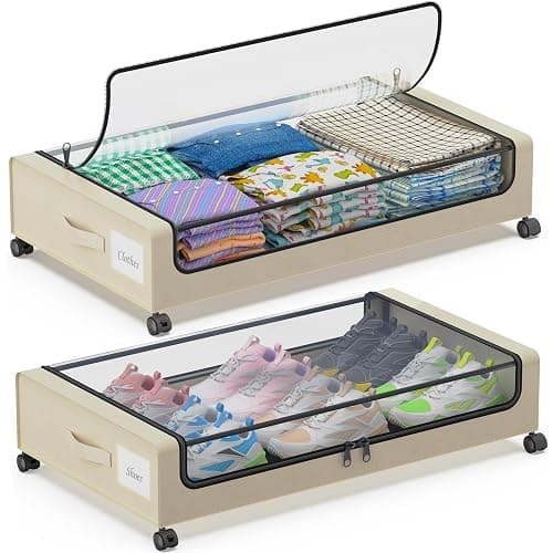 Under Bed Storage with Wheels, 2-Pack Under Bed Storage Containers with Clear Lids, XXL 60L Under the bed storage Organizer Bins, Rolling Under Bed Metal Drawer for Clothes,Shoes,Toys (White, 2 Pack) - Image 1