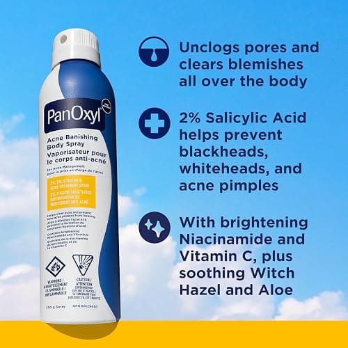 PanOxyl Acne Banishing Body Spray with 2% Salicylic Acid, Pimple Treatment to Help Clear Stubborn Breakouts, 360-Degree Spray Nozzle, Skin-Brightening Niacinamide, Vitamin C, Witch Hazel, Aloe, 170g thumbnail 2