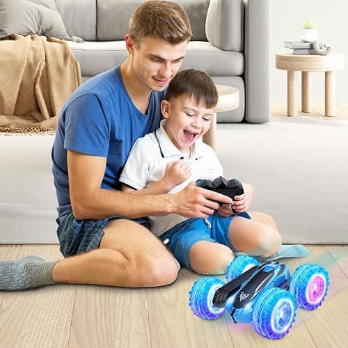 KKONES Remote Control Car, 2.4GHz Double Sided 360° Flips Rotating Electric Race RC Stunt Car, LED Wheel & Headlight High Speed Off Road Cars Toy Gift for 3 4 5 6 7 8-12 Year Old Boy Toys (Blue) thumbnail 2