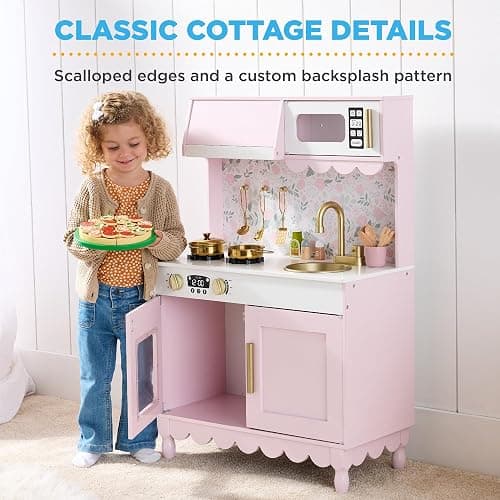 Best Choice Products Toddler Kitchen Playset, Wooden Cottage Kids Play Kitchen with 5 Accessories, Toy Storage, Scalloped Edge, and Pretend Play Microwave, Oven, Clicking Knobs - Pink thumbnail 4