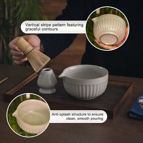 Matcha Whisk Set, Japanese Tea Ceremony Kit, 18oz Spout Bowl, Bamboo Whisk Scoop, Ceramic Holder Sifter Towel,7 pcs Matcha Tea Kit for Matcha Lovers, Christmas, Birthday Gift(White) thumbnail 6