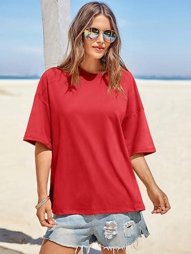 Tankaneo Womens Oversized Tshirts Summer Casual Short Sleeve Crew Neck T Shirt Loose Fit Side Slit Tee Tops thumbnail 2