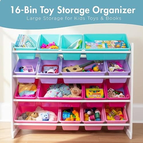 Humble Crew Supersized Toy Storage Organizer with 16 Removable Bins, White/Blue/Pink/Purple – Large Toy Storage for Toddlers Ideal for Kids' Rooms, Playrooms, and Nurseries - Modern Toy Bins for Kids thumbnail 4